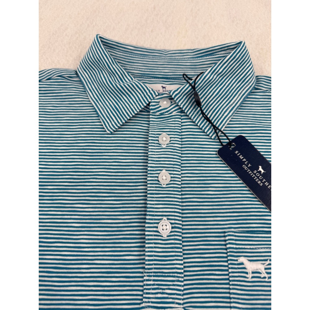 NWT Simply Southern Mens L Short Sleeve Polo Teal Striped Cotton Stretch Preppy - Picture 3 of 11